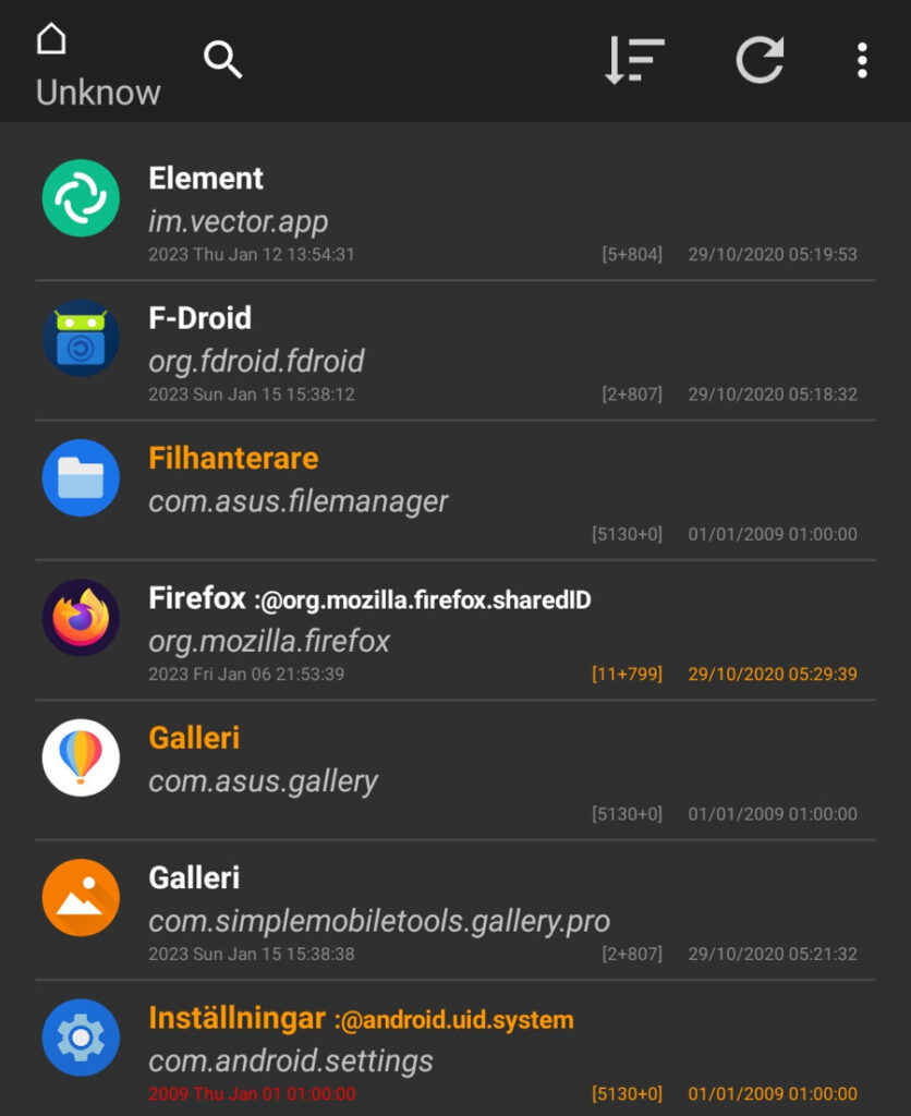 Skärmbild av ClassyShark3xodus med en lista över några installerade appar