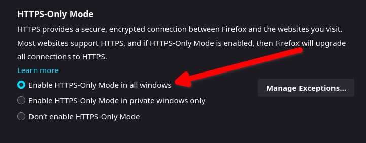 Skärmbild från HTTPS-Only mode inställningarna i Firefox